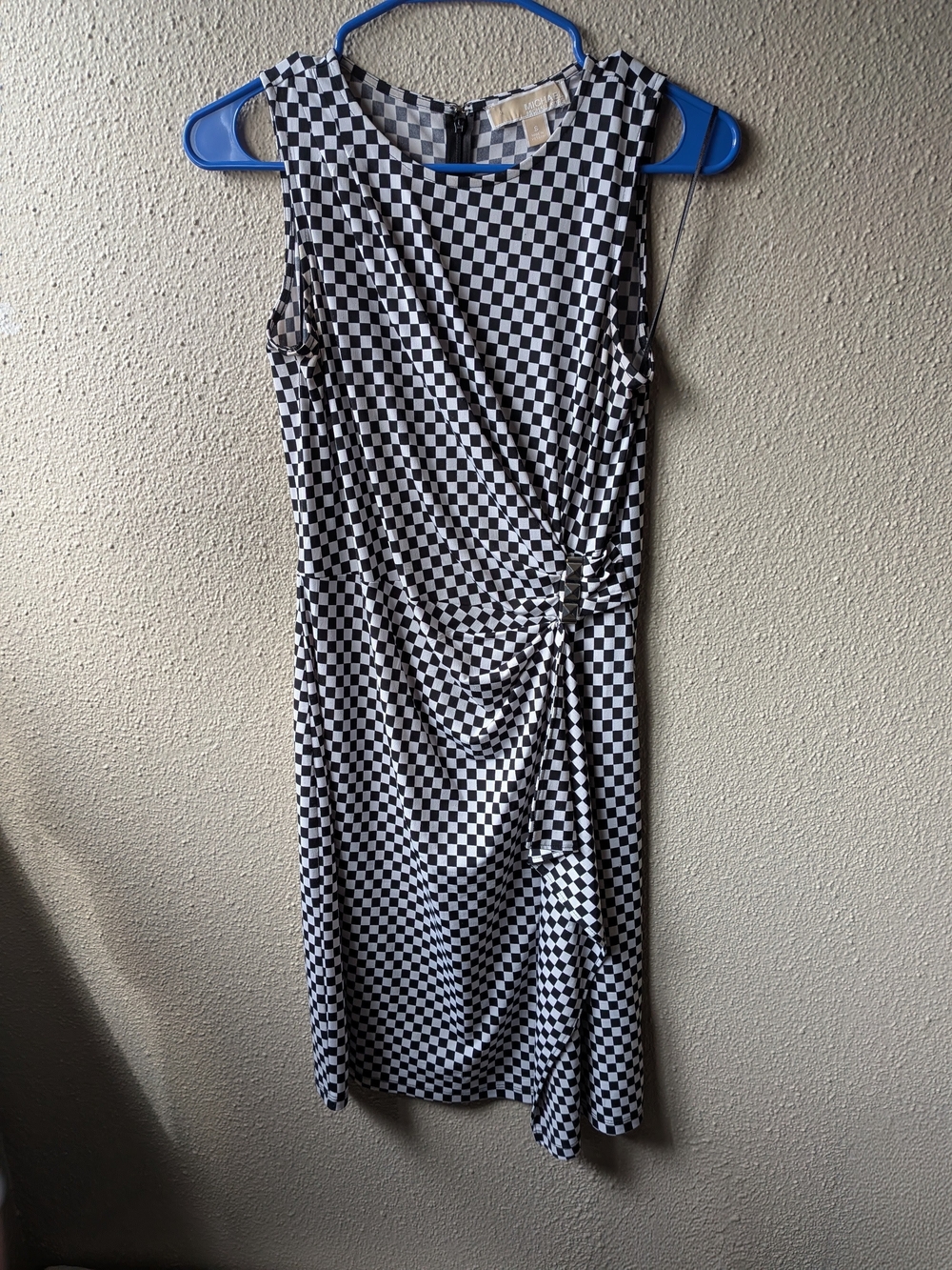 Michael Kors Black and White Checkered Midi Dress with Side Twist